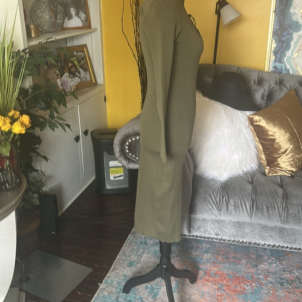 Olive Green Knit Dress with Lace-Up Detail - Picture 7 of 9